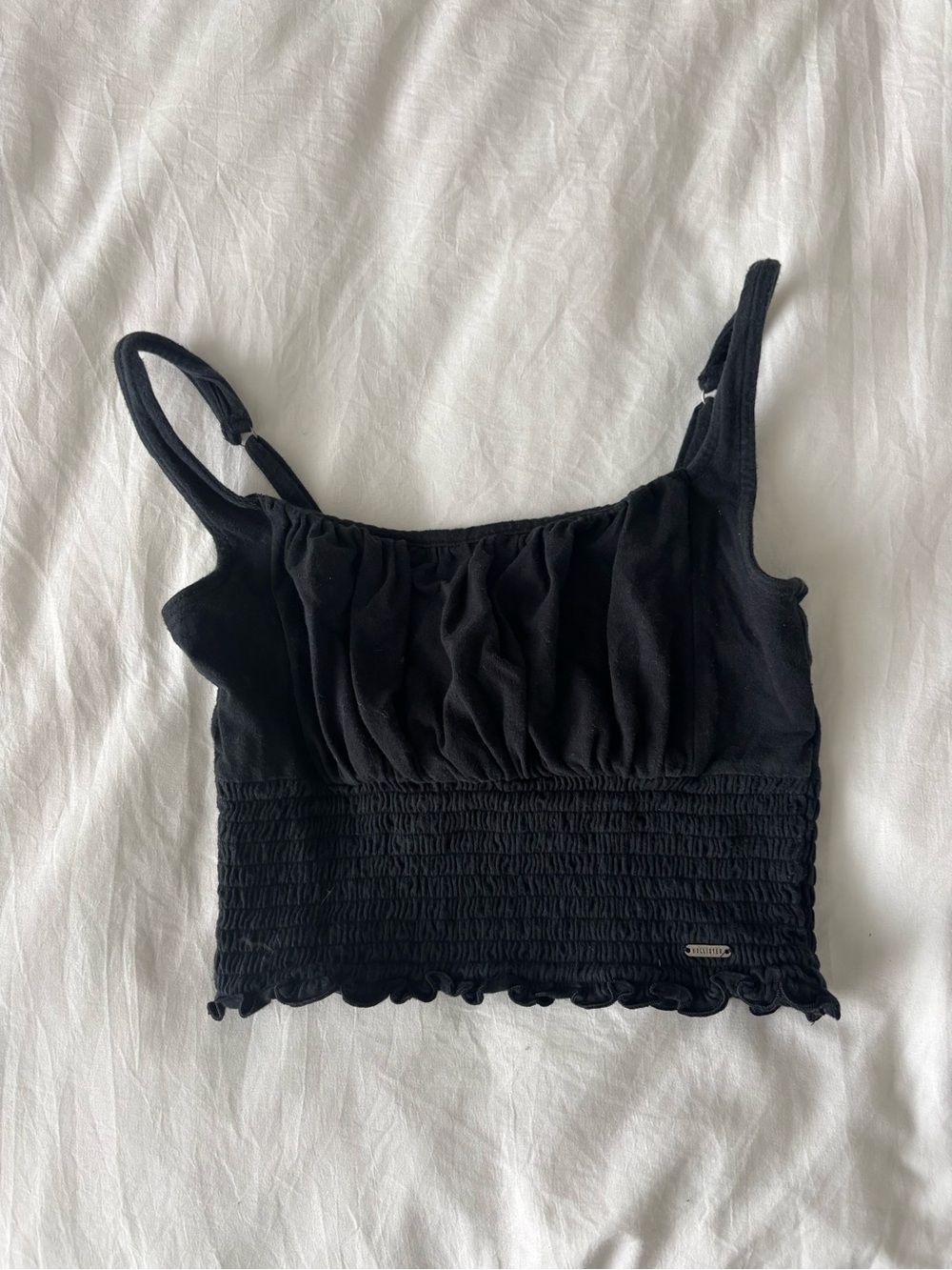 Hollister Black Smocked Ruched Cropped Cami Tank Top Size Small